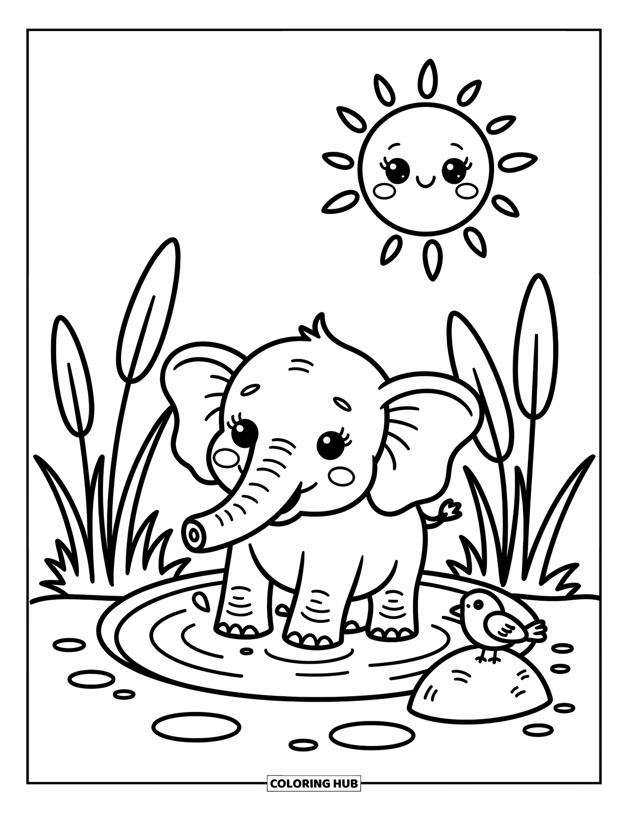 Safari Coloring Page for Adults: A joyful baby elephant plays in water while a bird and smiling sun keep watch