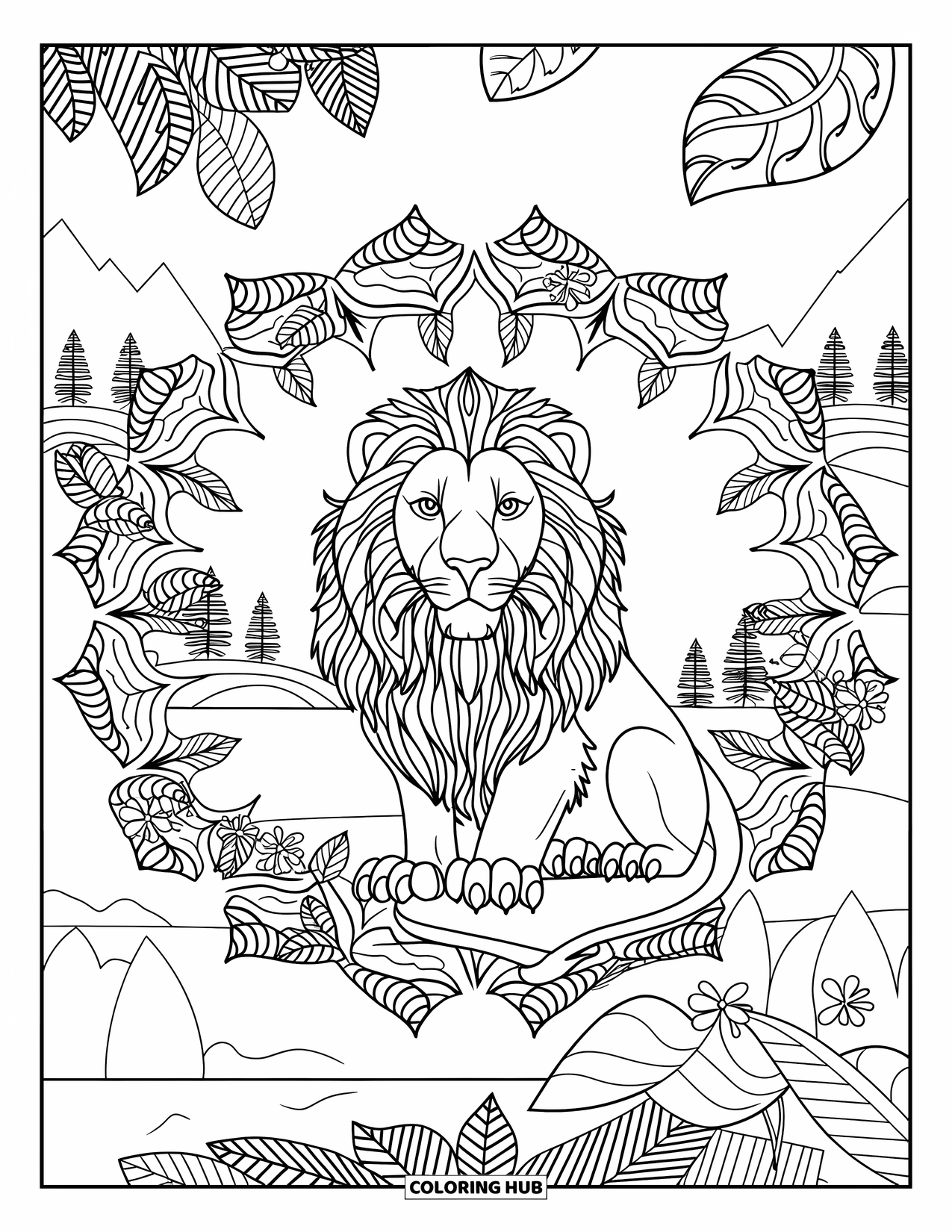Safari Coloring Page for Adults: A lion with a full mane sits on a rock inside a mandala of leaves and flowers