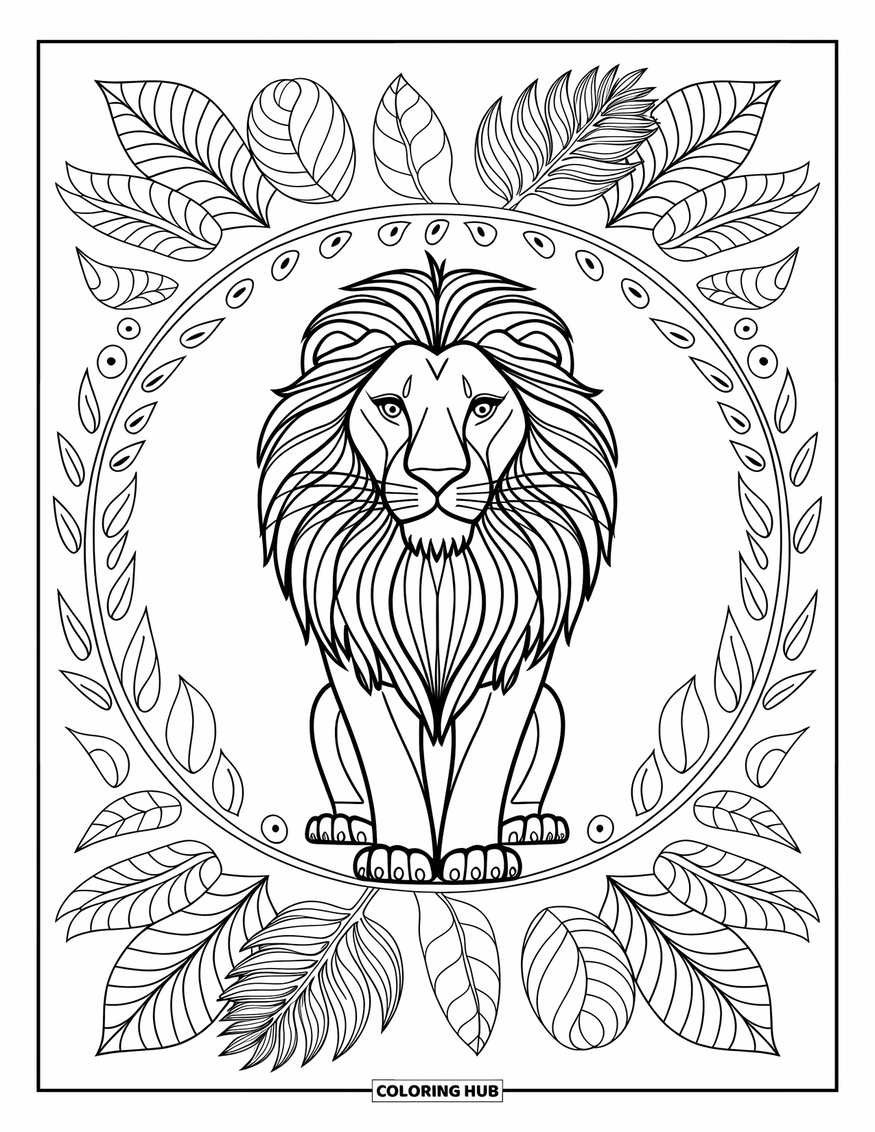 Safari Coloring Page for Adults: A majestic lion rests at the center of a mandala of tropical leaves and vines