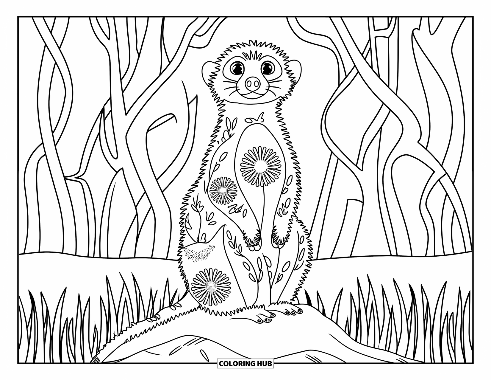Safari Coloring Page for Adults: A meerkat perches on a grassy rock, framed by leafy scrolls and tall tree branches