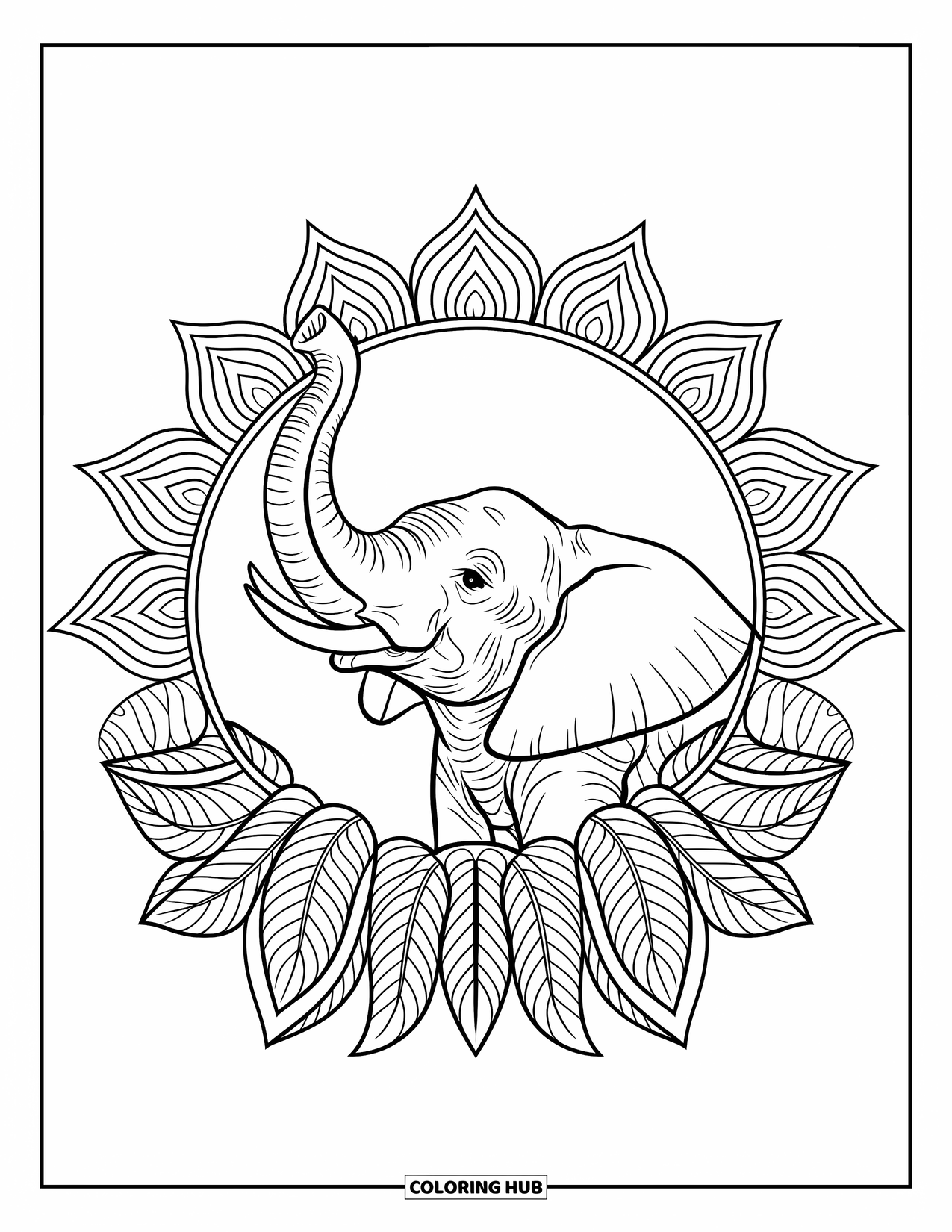 Safari Coloring Page for Adults: A peaceful elephant lifts its trunk amid acacia patterns and mandala petals