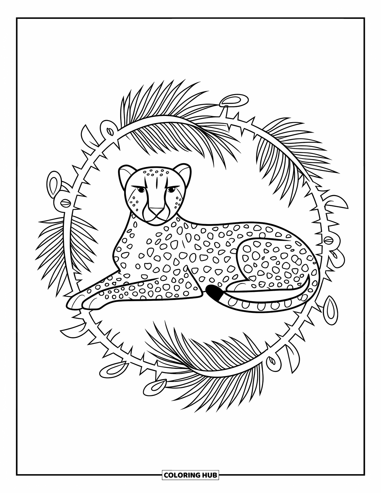 Safari Coloring Page for Adults: A relaxed cheetah lies within a halo of palms, thorns, and flowing branches