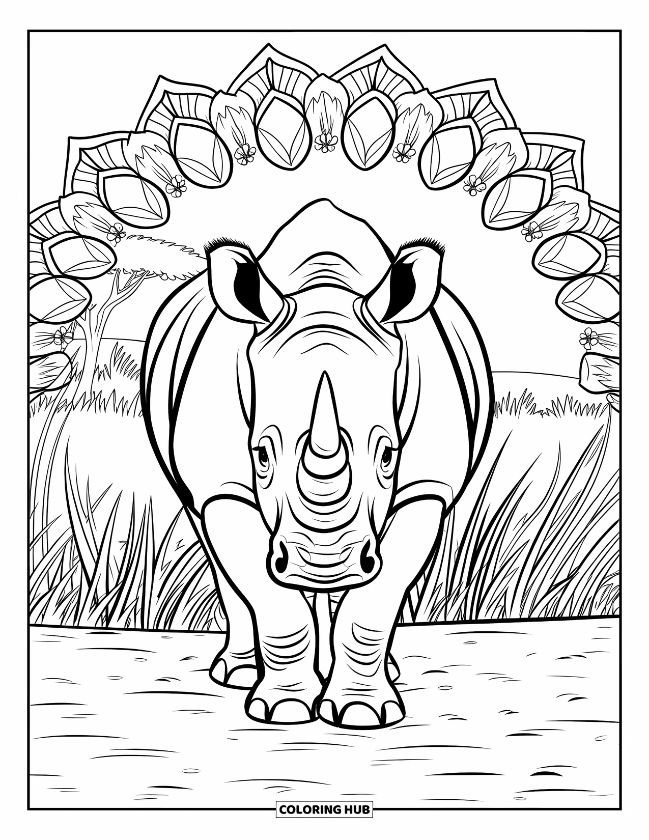 Safari Coloring Page for Adults: A rhino stands on textured earth, surrounded by floral mandalas and savanna trees