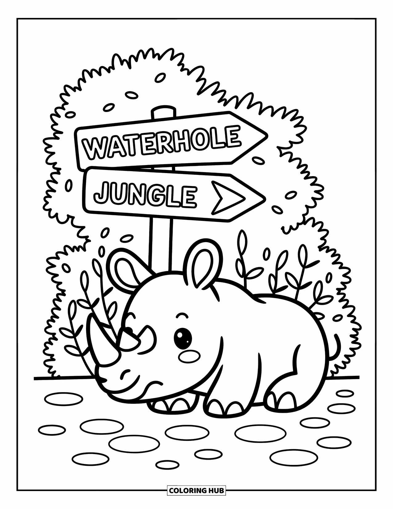 Safari Coloring Page for Adults: A sleepy rhino lounges next to a signpost with playful safari directions