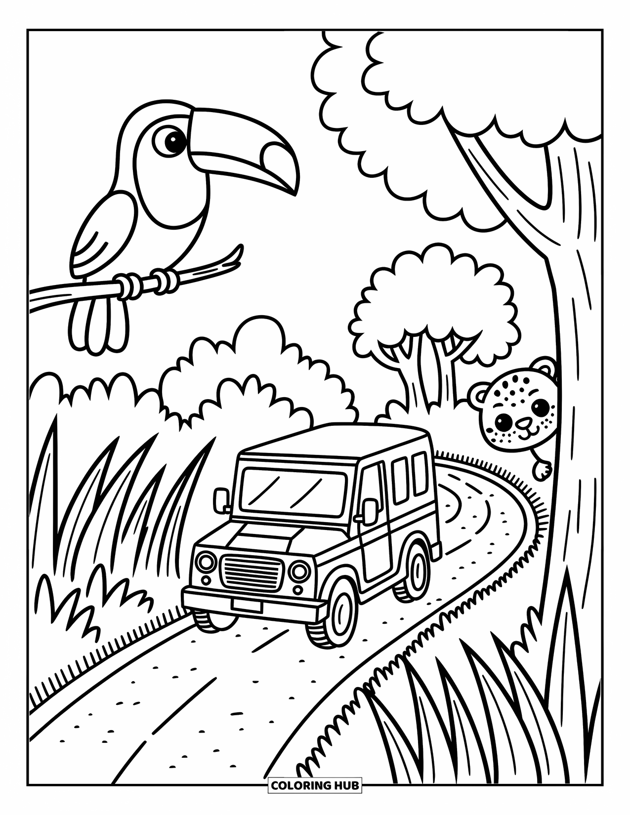 Safari Coloring Page for Adults: A small safari jeep rolls by tall grass as a toucan and leopard peek nearby
