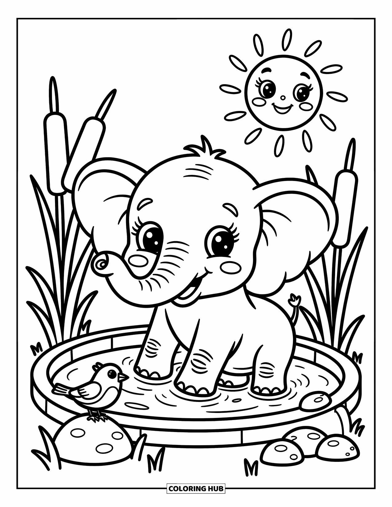 Safari Coloring Page for Adults: A smiling elephant splashes while a bird watches and the sun beams down
