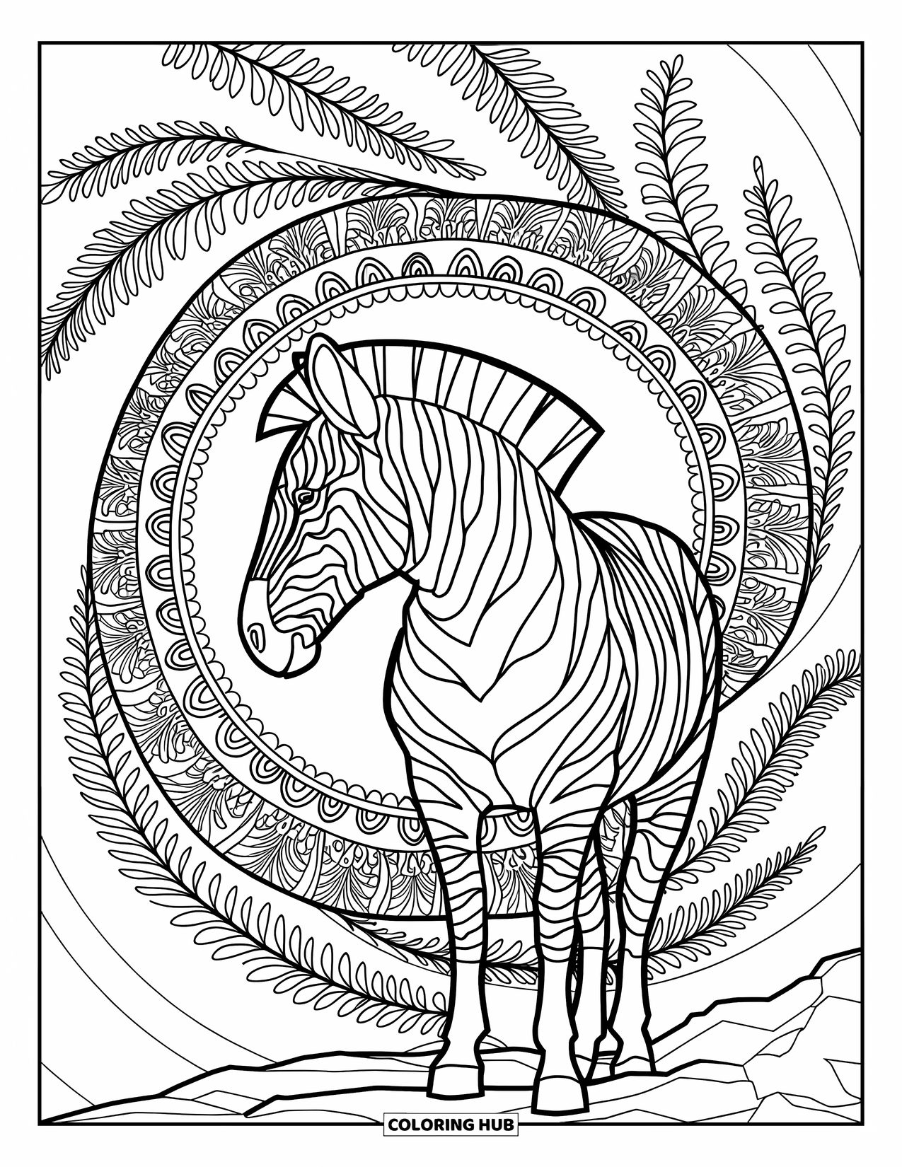 Safari Coloring Page for Adults: A zebra in profile stands on rocky ground within leafy mandala patterns