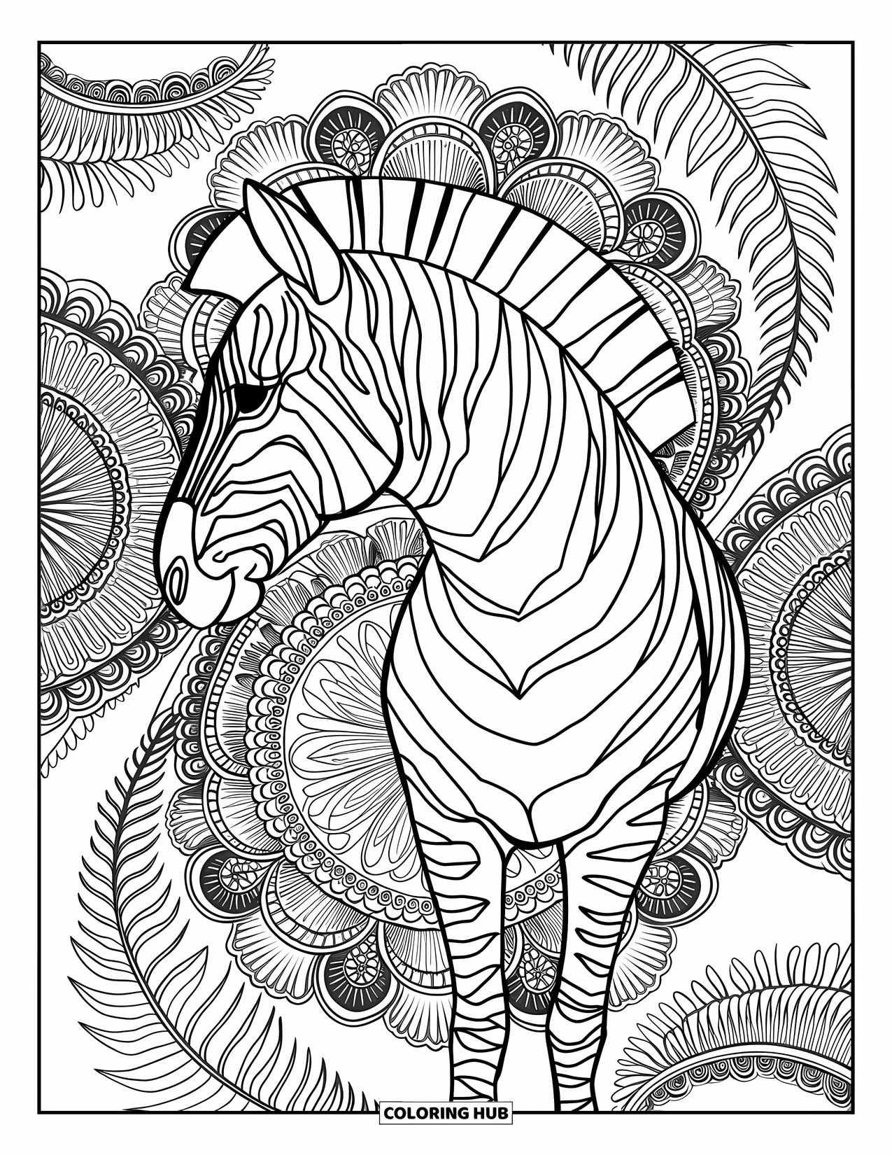 Safari Coloring Page for Adults: A zebra poses in side view within a mandala of ferns and floral designs