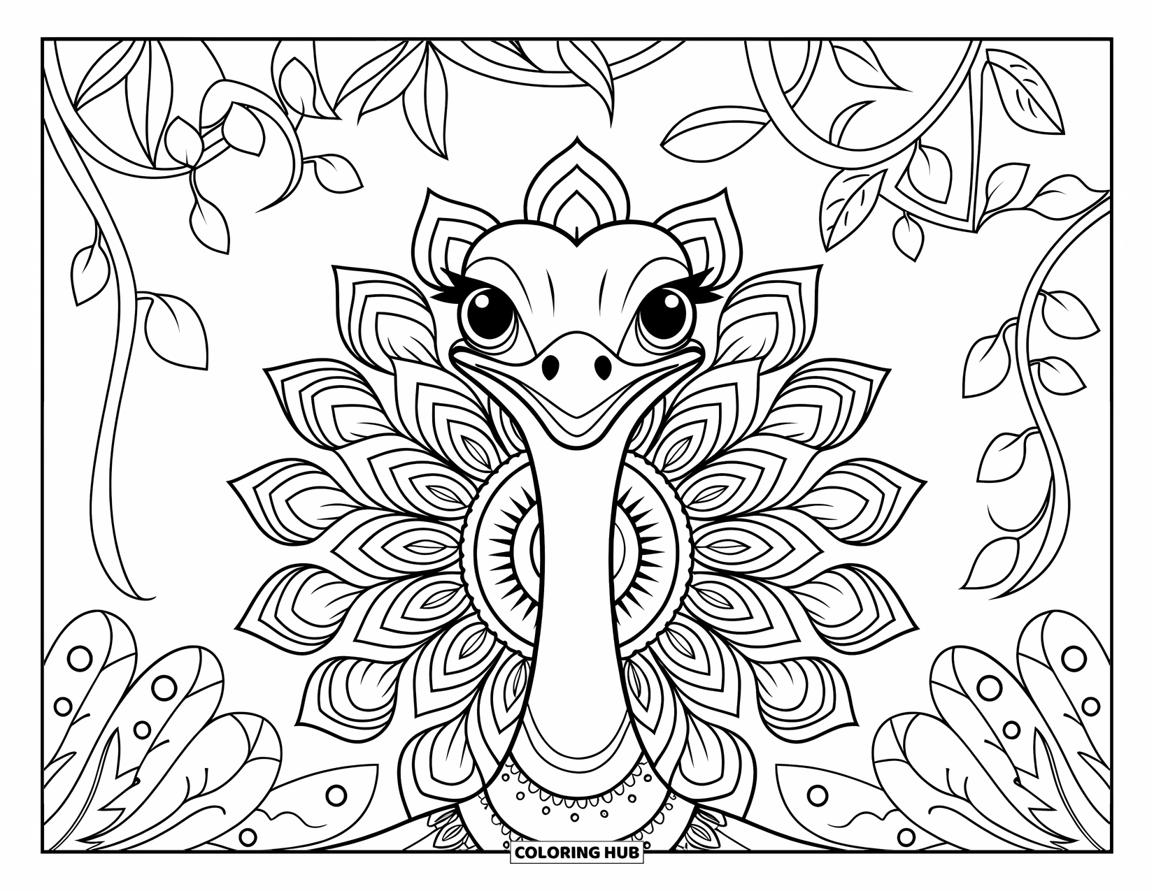 Safari Coloring Page for Adults: An alert ostrich stands tall with mandala feathers and jungle vines behind it