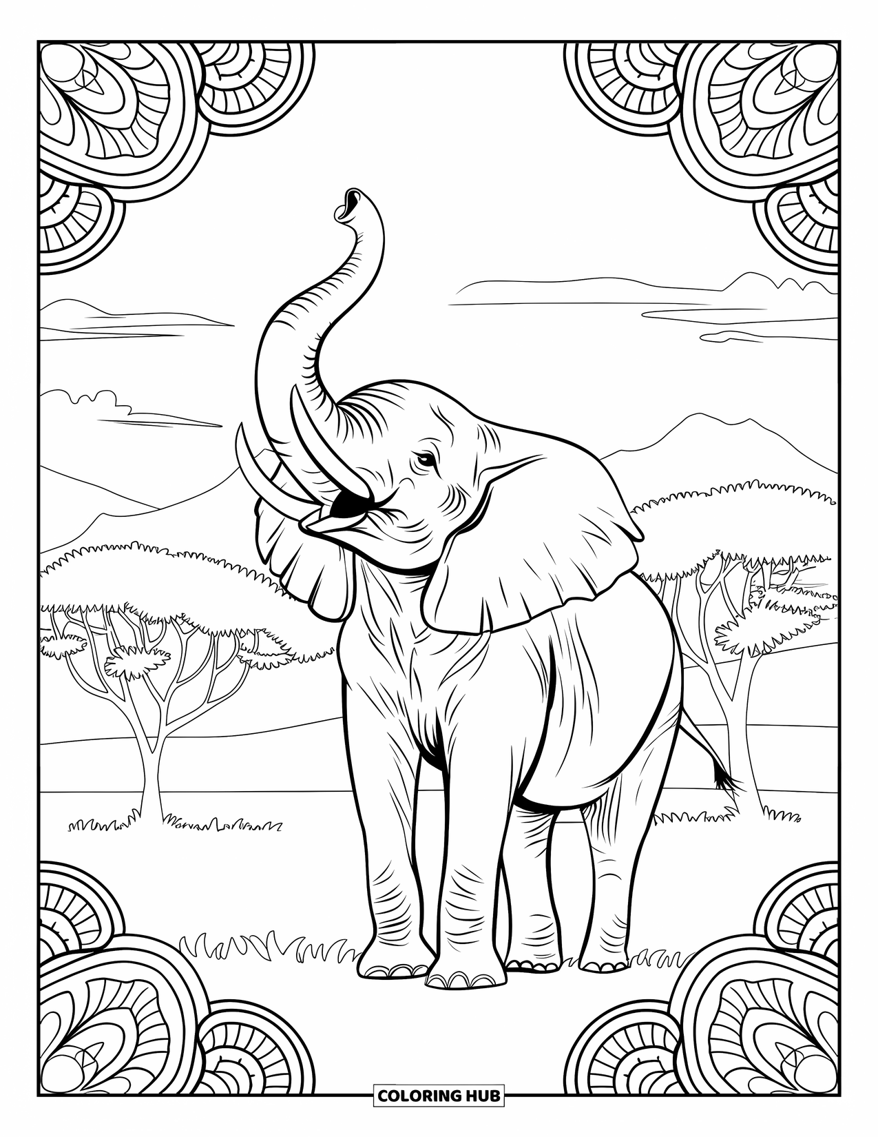 Safari Coloring Page for Adults: An elephant in a calm field is framed by ornate mandala petals and trees