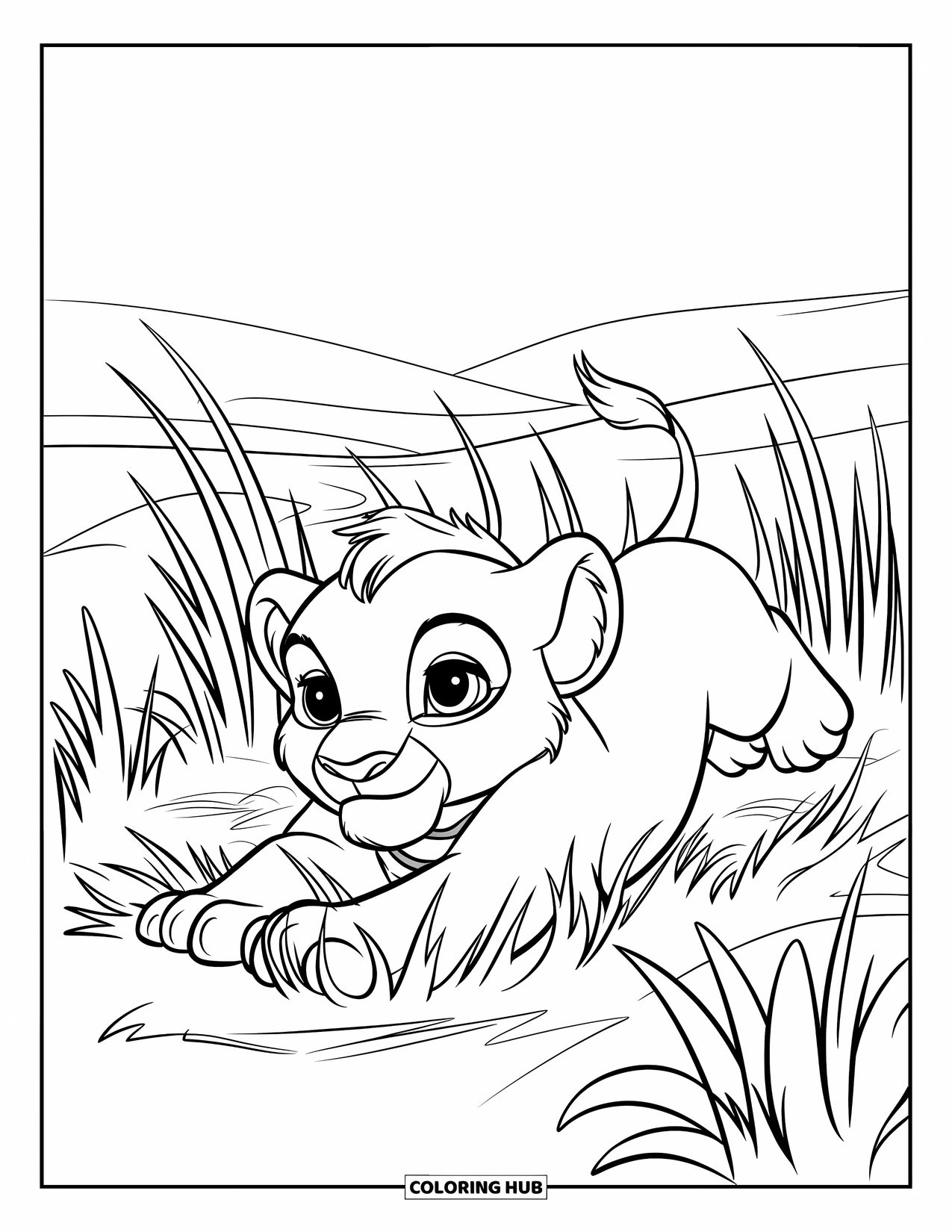 Safari Coloring Page for Kids: A baby lion rolls playfully in the tall, flowing grass
