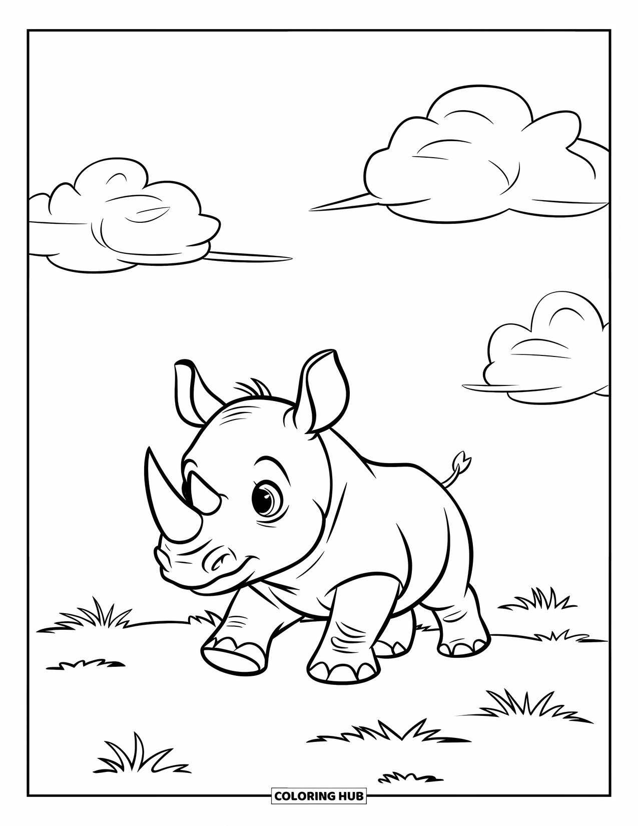 Safari Coloring Page for Kids: A baby rhino strolls through grass beneath a clear, puffy-clouded sky