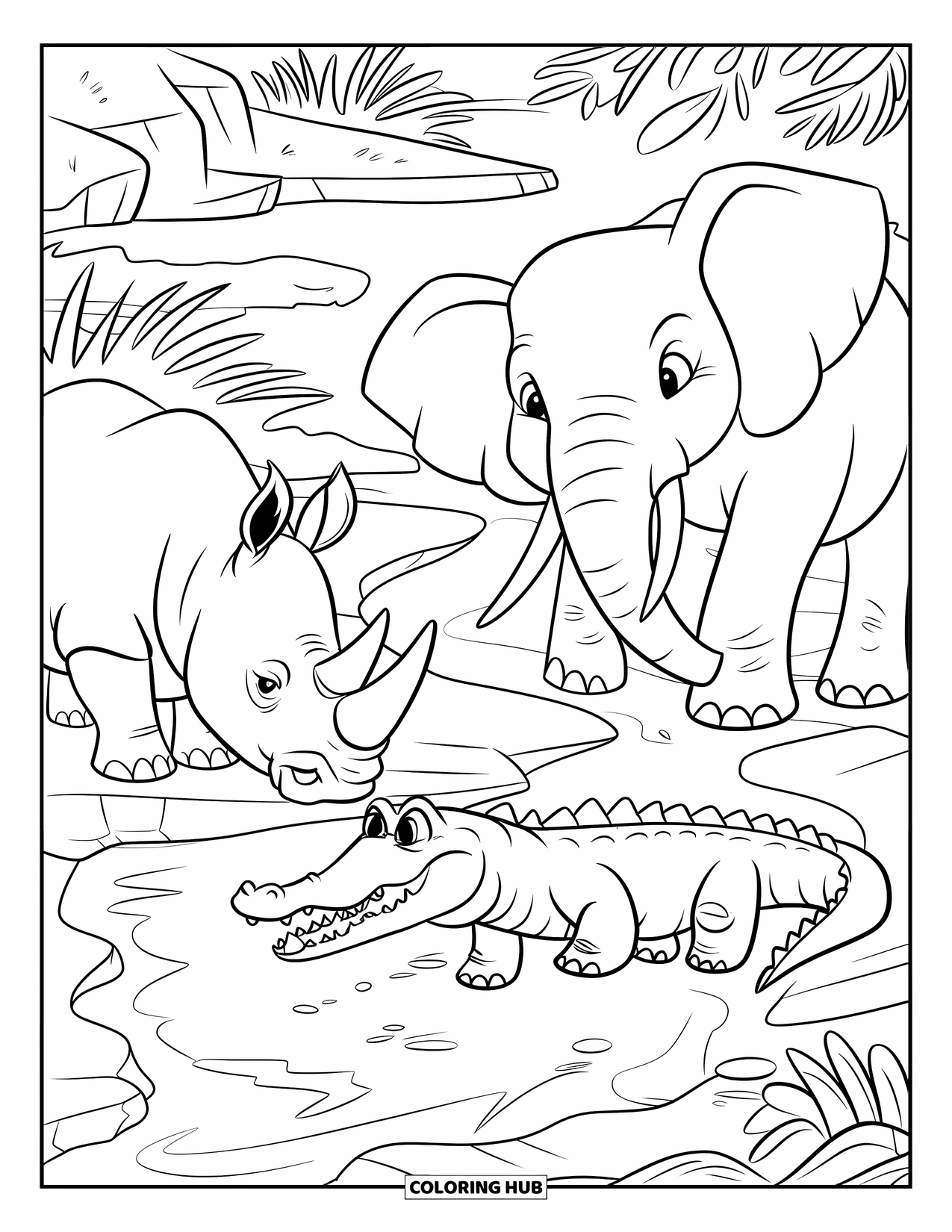 Safari Coloring Page for Kids: A cheerful trio of animals gathers near a cracked riverbed with sparse plants