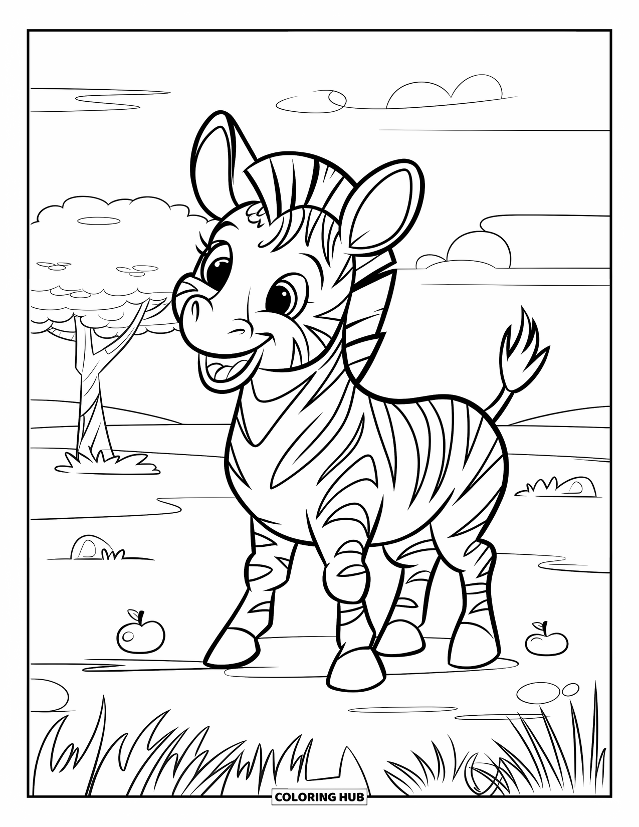 Safari Coloring Page for Kids: A cheerful zebra stands near a tree with playful objects scattered in the grass