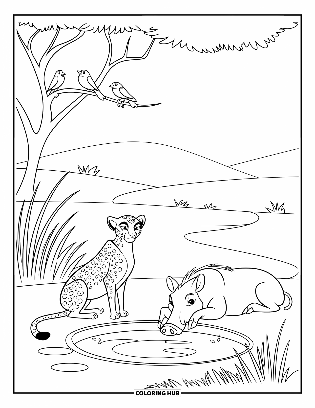 Safari Coloring Page for Kids: A cheetah and warthog rest beside birds and grasses at a watering hole