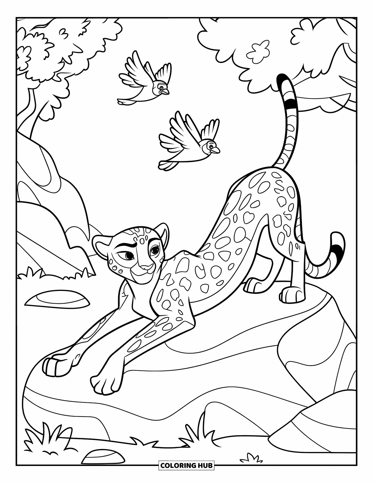 Safari Coloring Page for Kids: A cheetah relaxes on a rock with birds flying overhead
