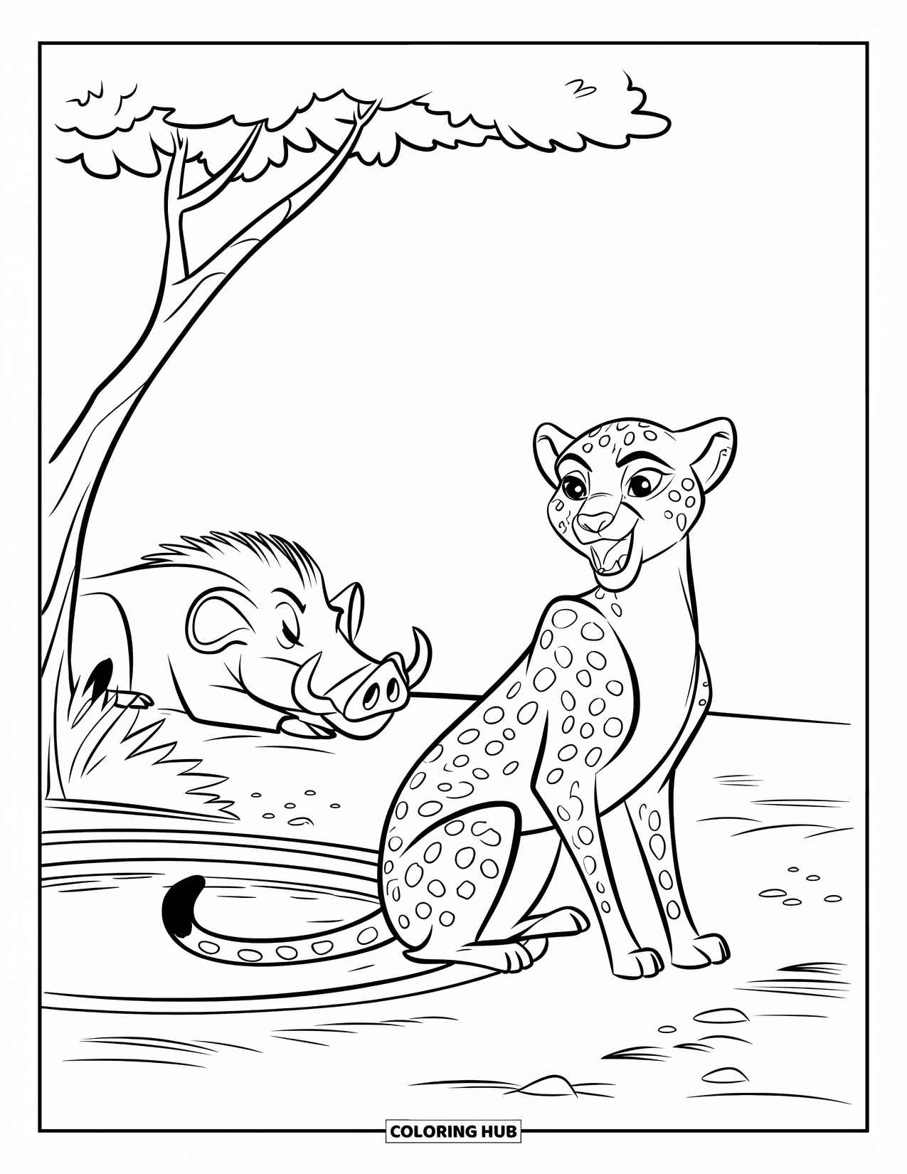 Safari Coloring Page for Kids: A cheetah yawns while a warthog naps near a shaded watering hole
