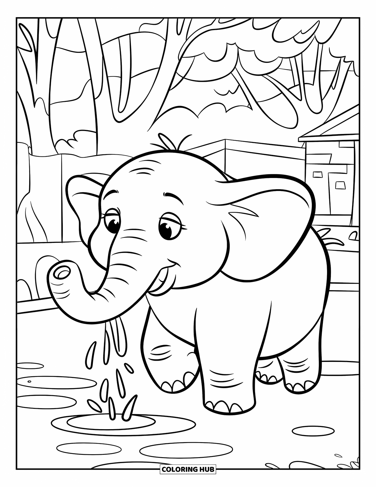 Safari Coloring Page for Kids: A chubby elephant sprays water playfully beside a puddle and trees