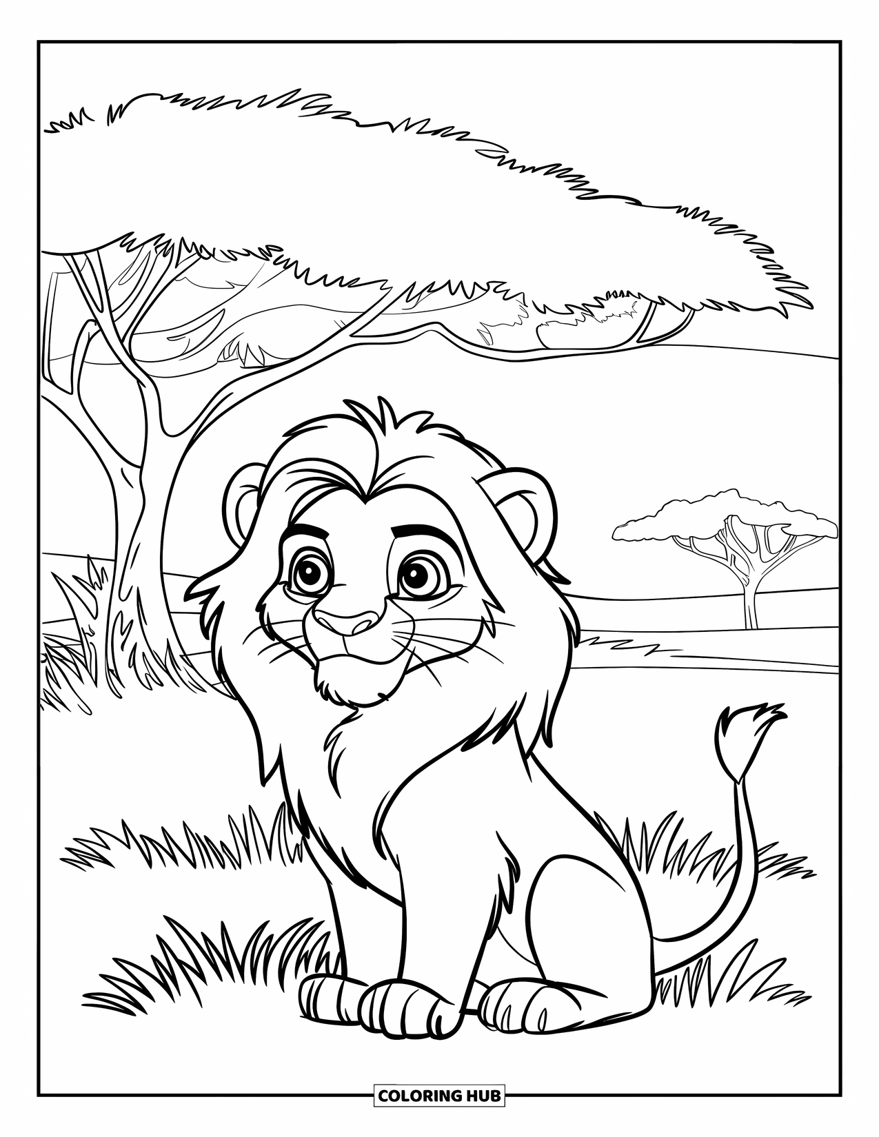 Safari Coloring Page for Kids: A cute lion with big eyes sits in grass near a thorny tree