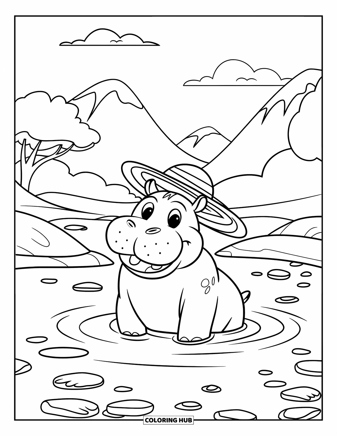 Safari Coloring Page for Kids: A friendly hippo in a hat sits smiling in shallow water