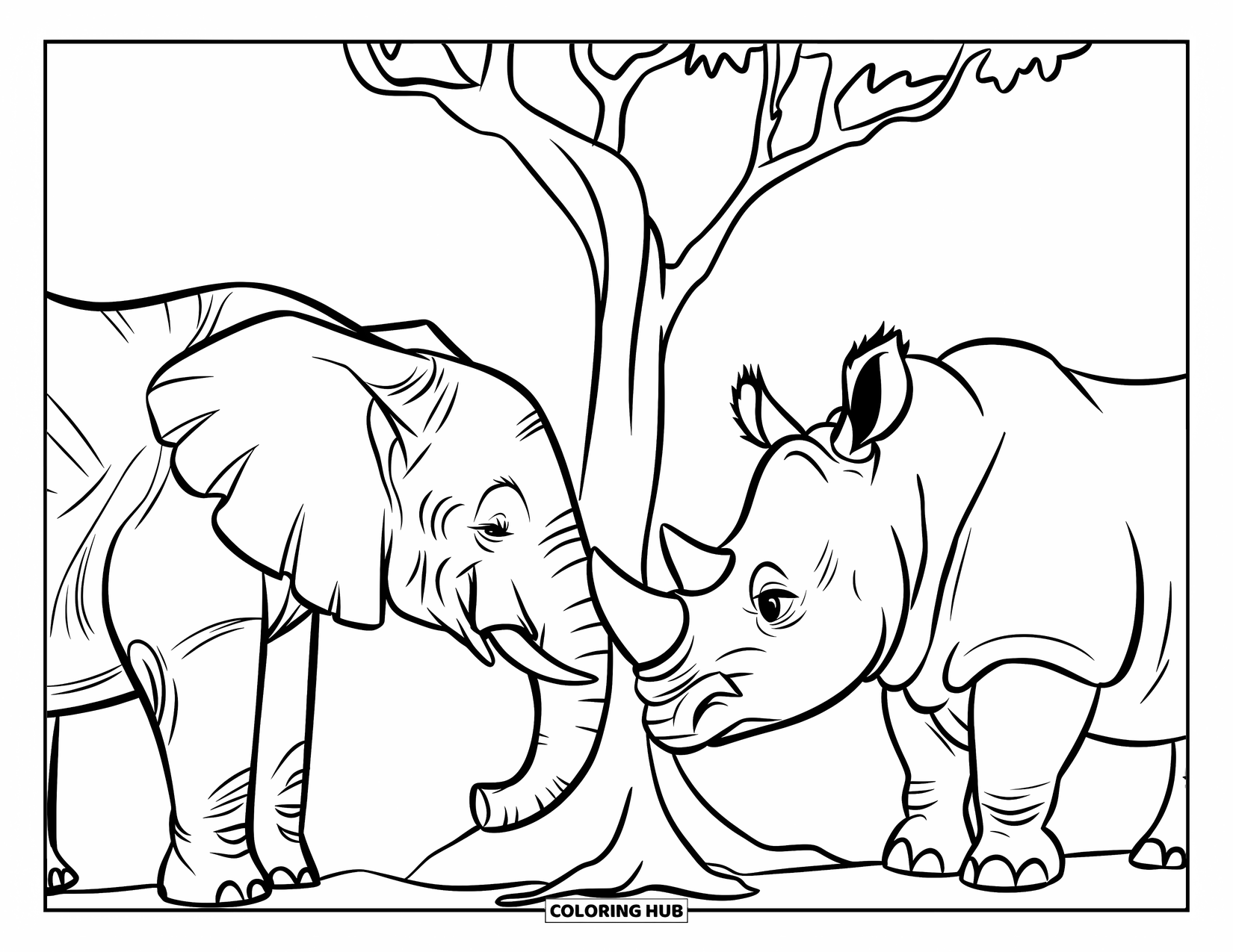 Safari Coloring Page for Kids: A gentle elephant and rhino meet beside a little tree