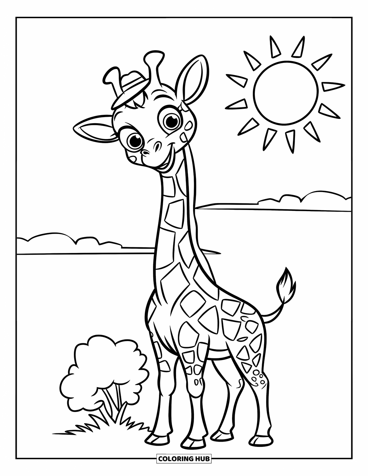 Safari Coloring Page for Kids: A giraffe in a tiny hat smiles near a bush and sunny sky