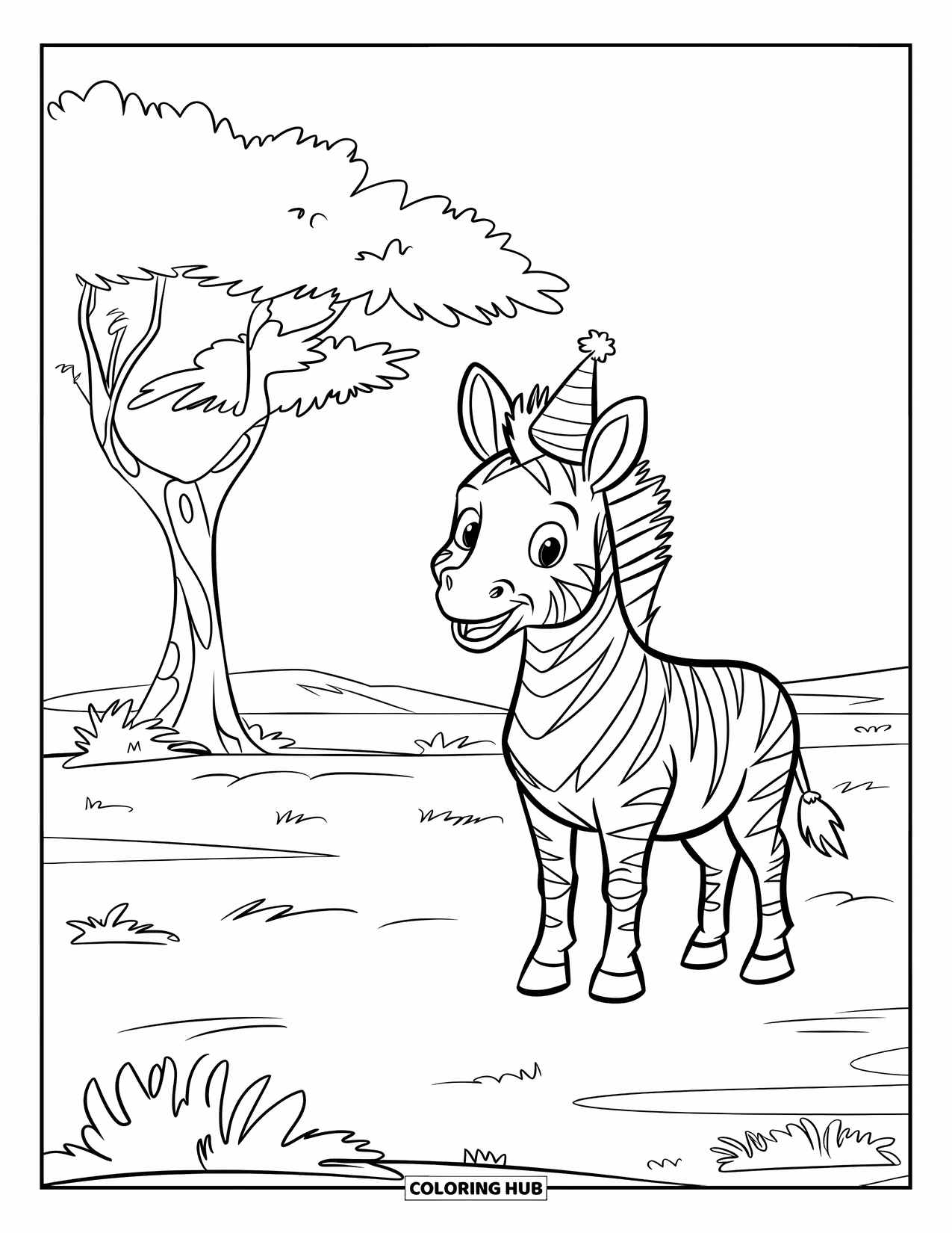 Safari Coloring Page for Kids: A happy zebra in a party hat stands near a tree on grassy land