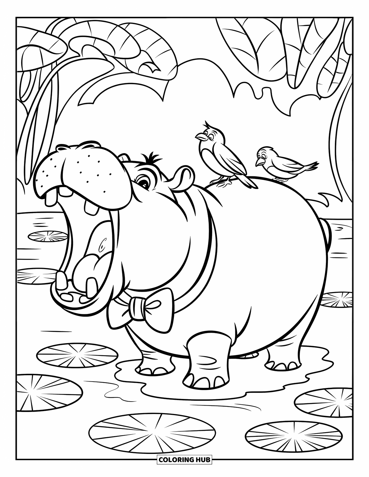 Safari Coloring Page for Kids: A hippo with a bowtie yawns by a peaceful lake with lily pads