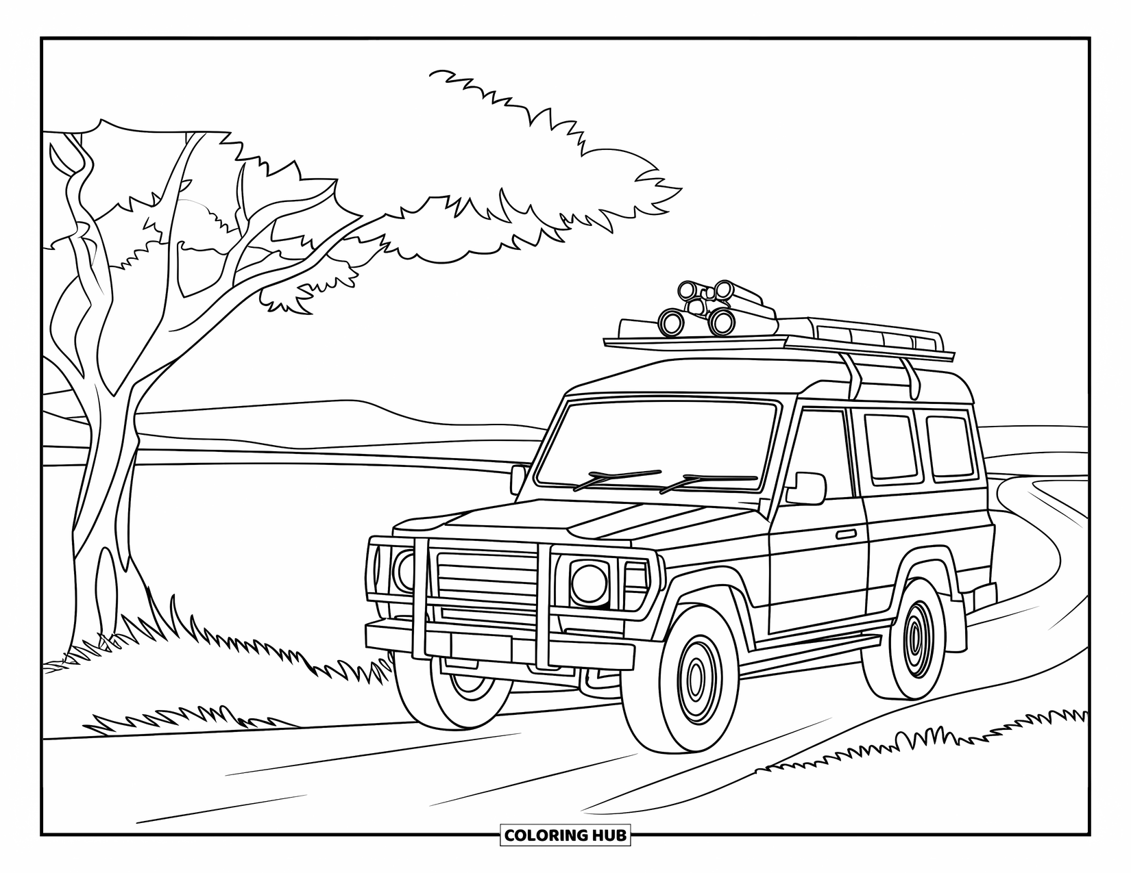 Safari Coloring Page for Kids: A jeep with a roof rack waits by a tree in the open hills