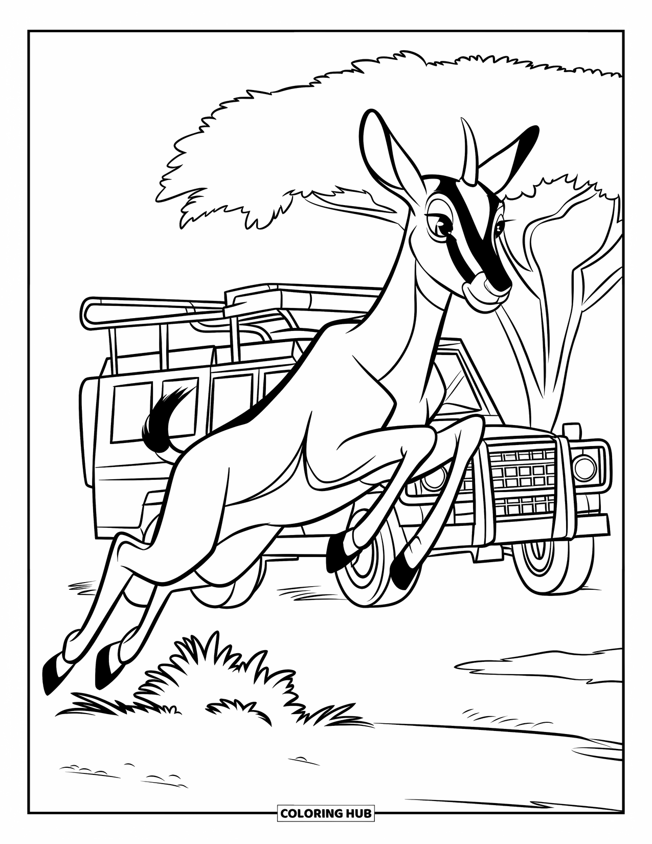Safari Coloring Page for Kids: A leaping antelope clears a bush as a jeep waits nearby