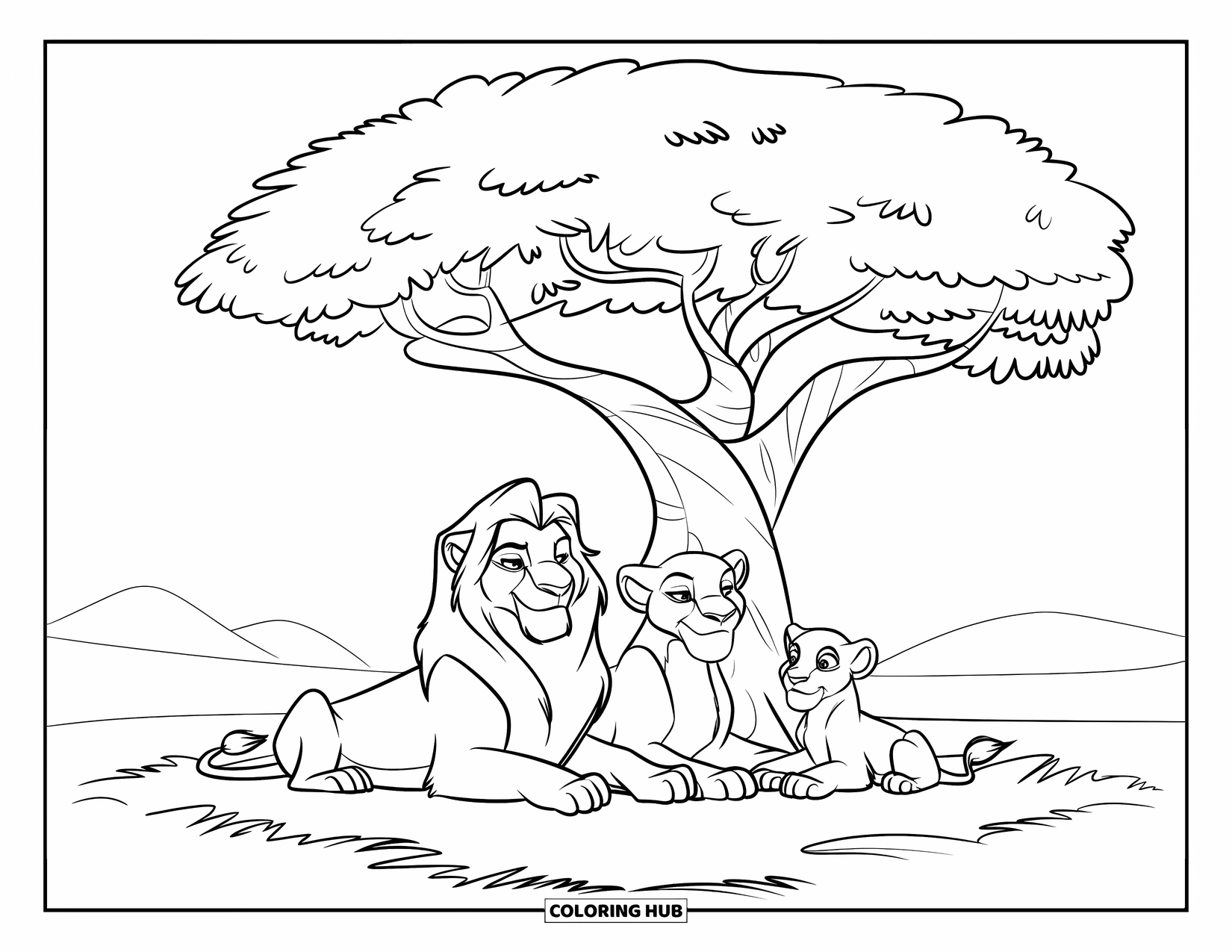 Safari Coloring Page for Kids: A lion family lounges under a wide tree in the open grassland