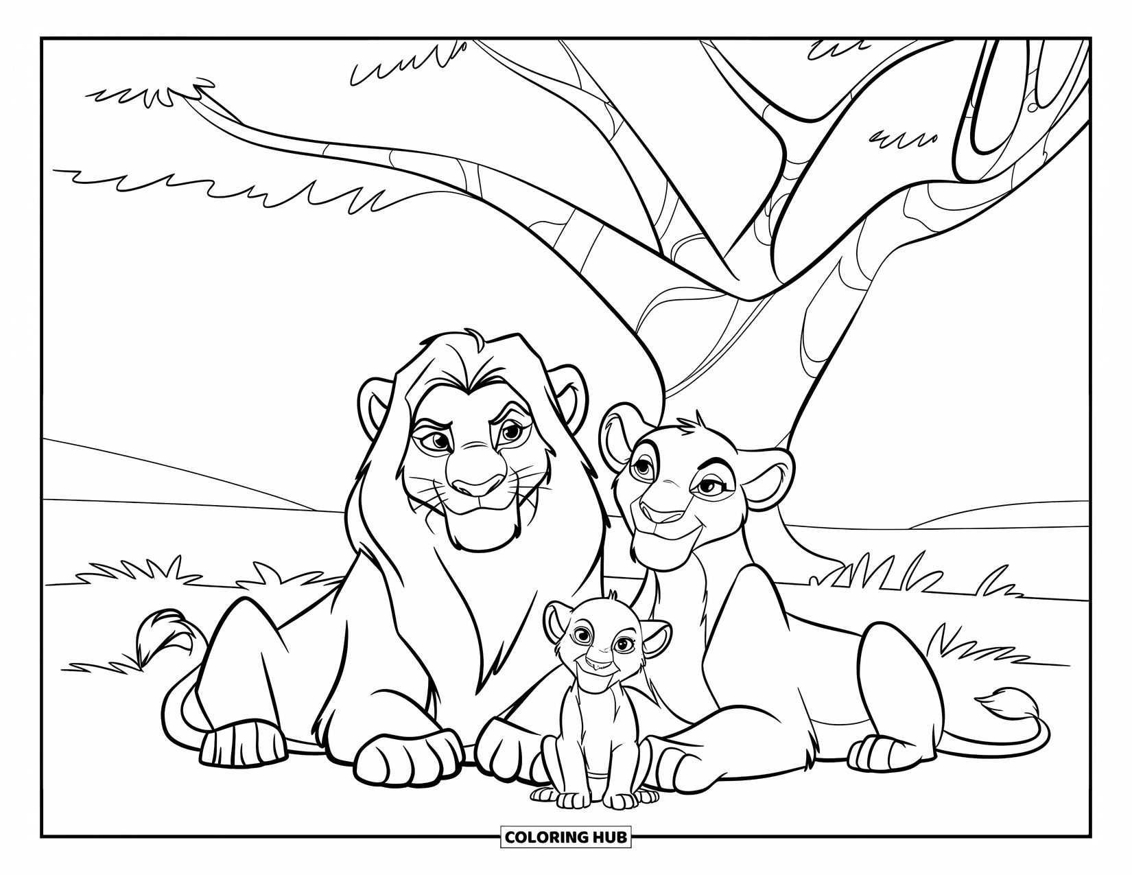 Safari Coloring Page for Kids: A lion, lioness, and cub lounge under a tree on a quiet plain