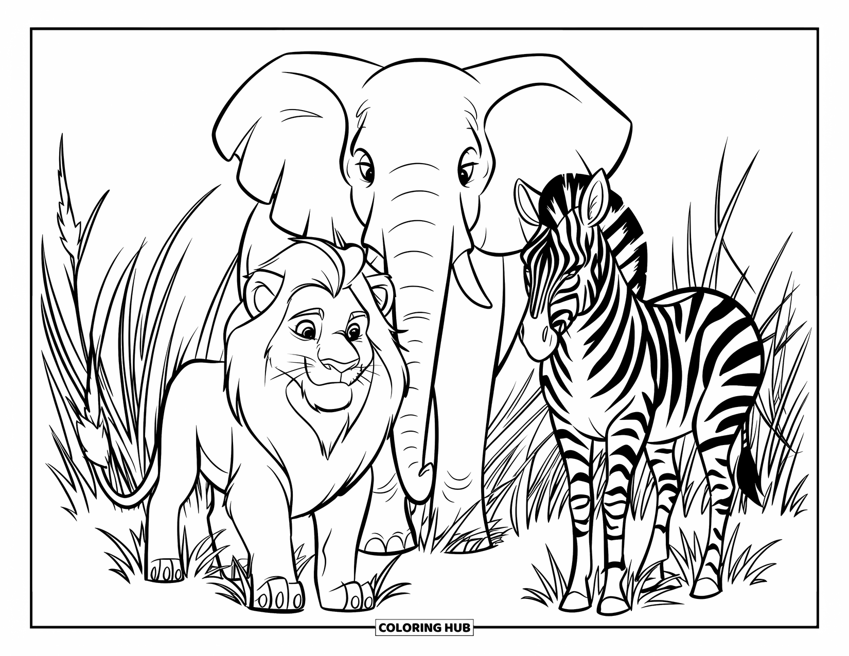 Safari Coloring Page for Kids: A lion, zebra, and elephant line up peacefully in the African savannah