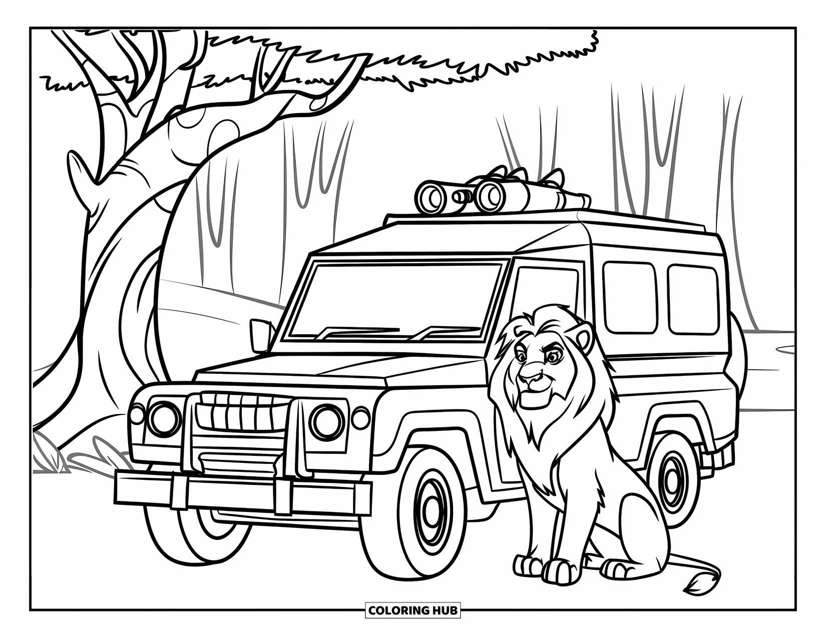 Safari Coloring Page for Kids: A safari jeep sits near a tree while a lion rests nearby