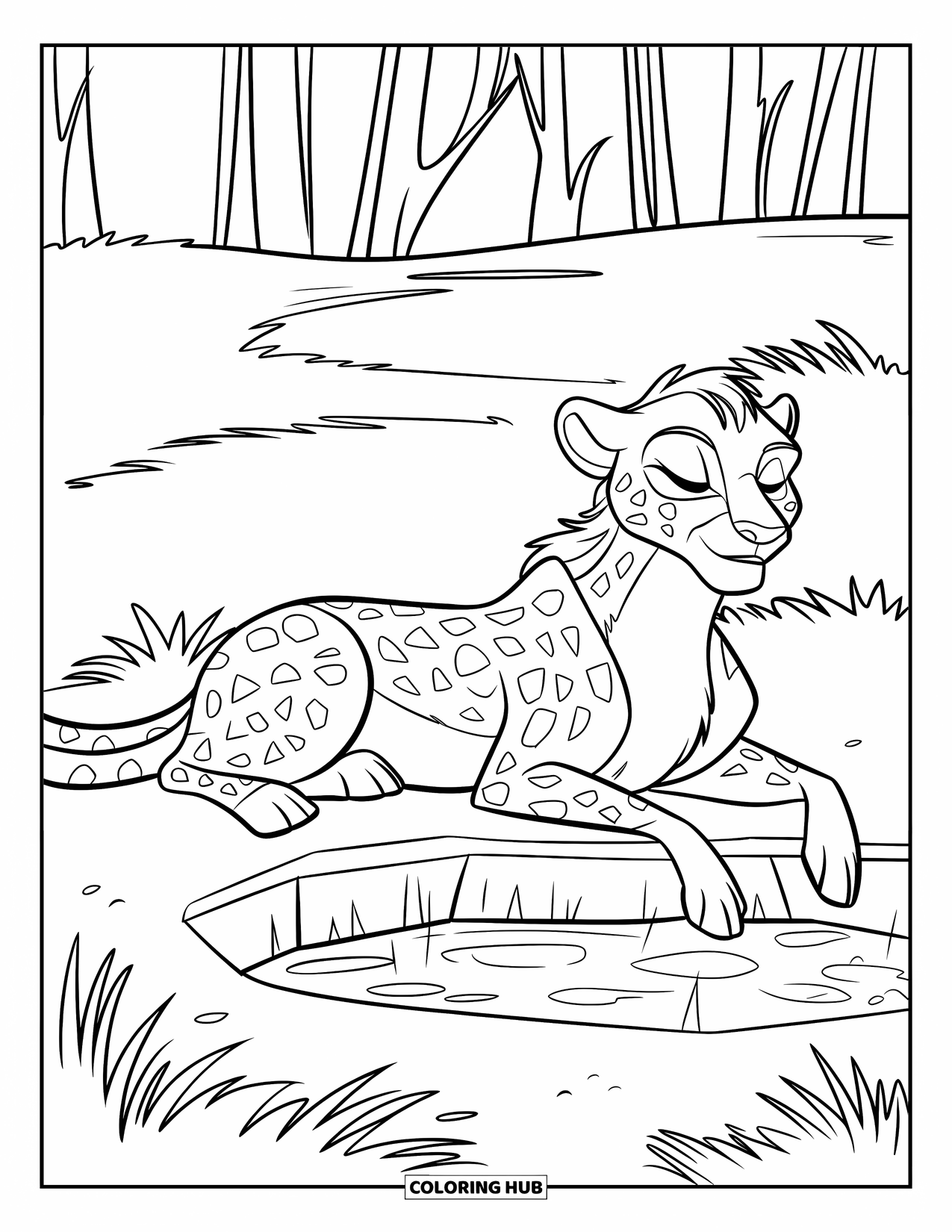 Safari Coloring Page for Kids: A sleepy cheetah and alert warthog relax near a calm watering hole
