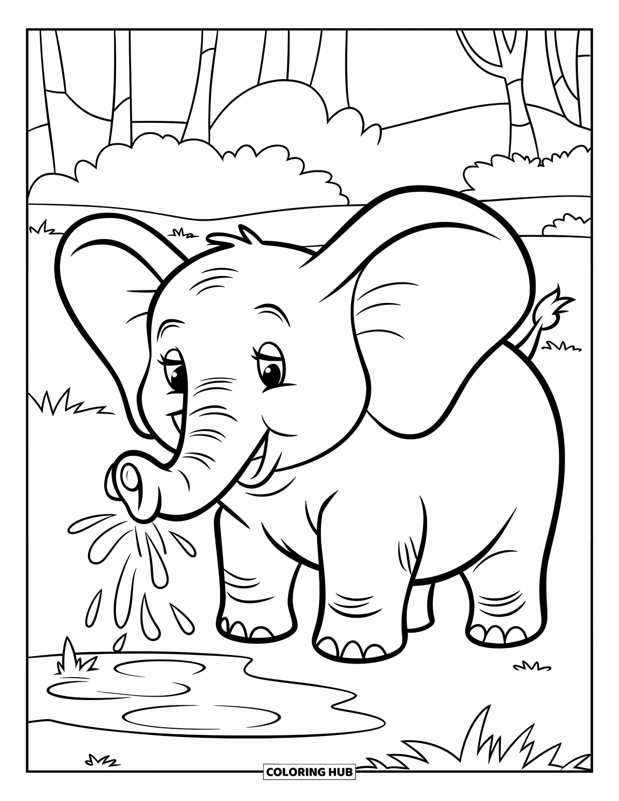 Safari Coloring Page for Kids: A smiling elephant with big ears sprays water near trees in a field