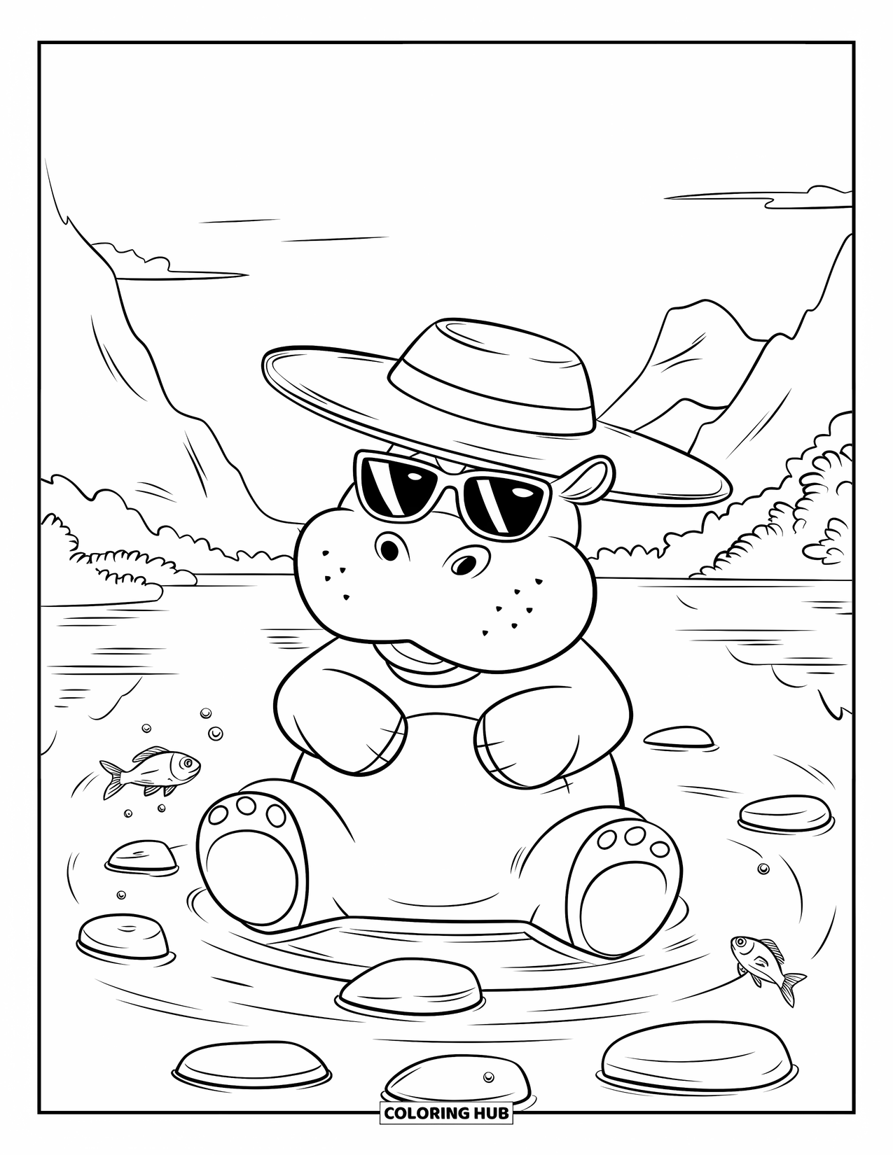 Safari Coloring Page for Kids: A smiling hippo in shades sits in water with fish nearby