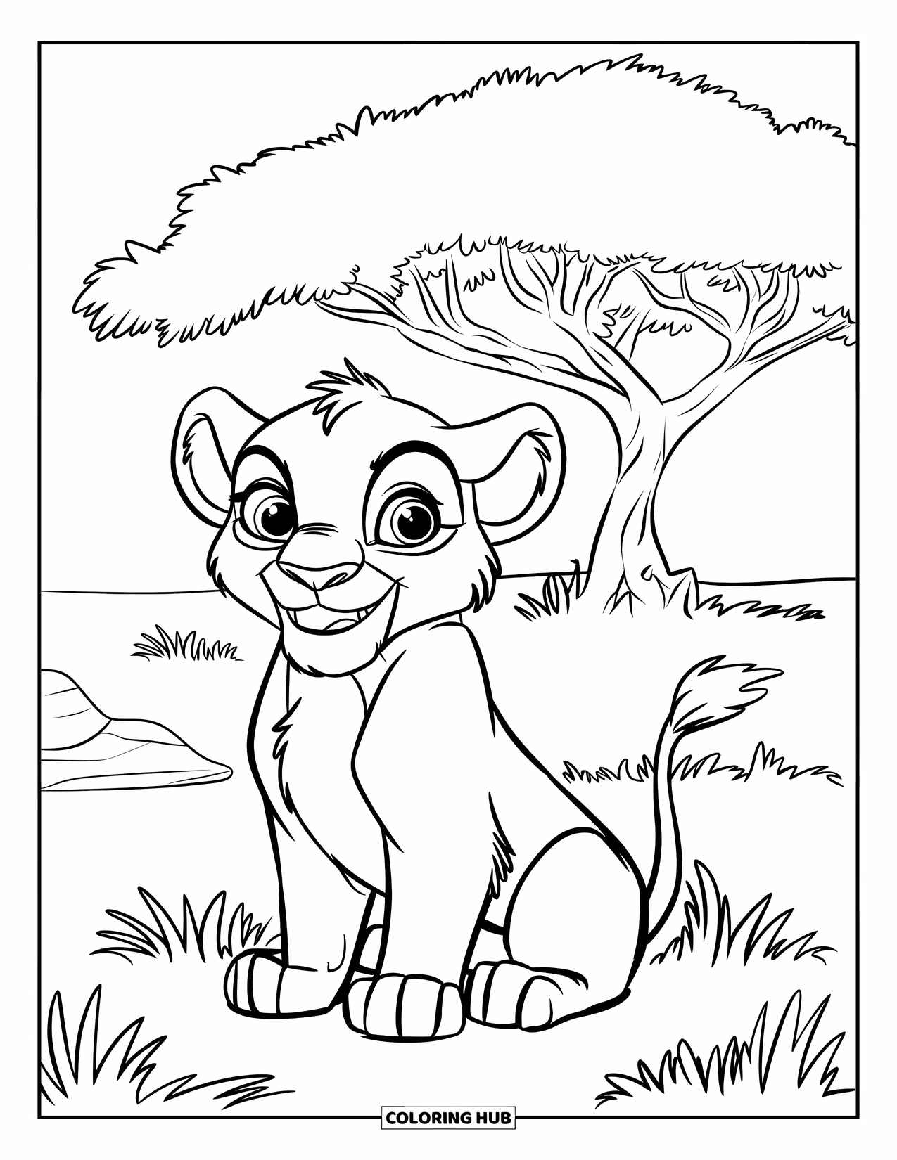 Safari Coloring Page for Kids: A smiling lion sits near a tree with rocks nearby on the savannah