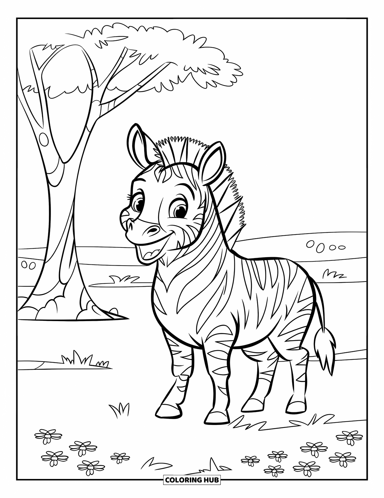 Safari Coloring Page for Kids: A smiling zebra with a crown stands in a flower-dotted field beside a tree