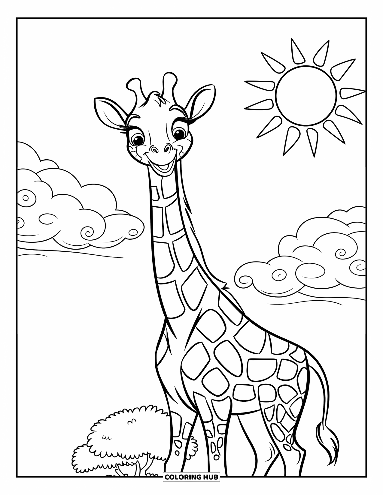 Safari Coloring Page for Kids: A wide-eyed giraffe smiles near a bush and fluffy clouds