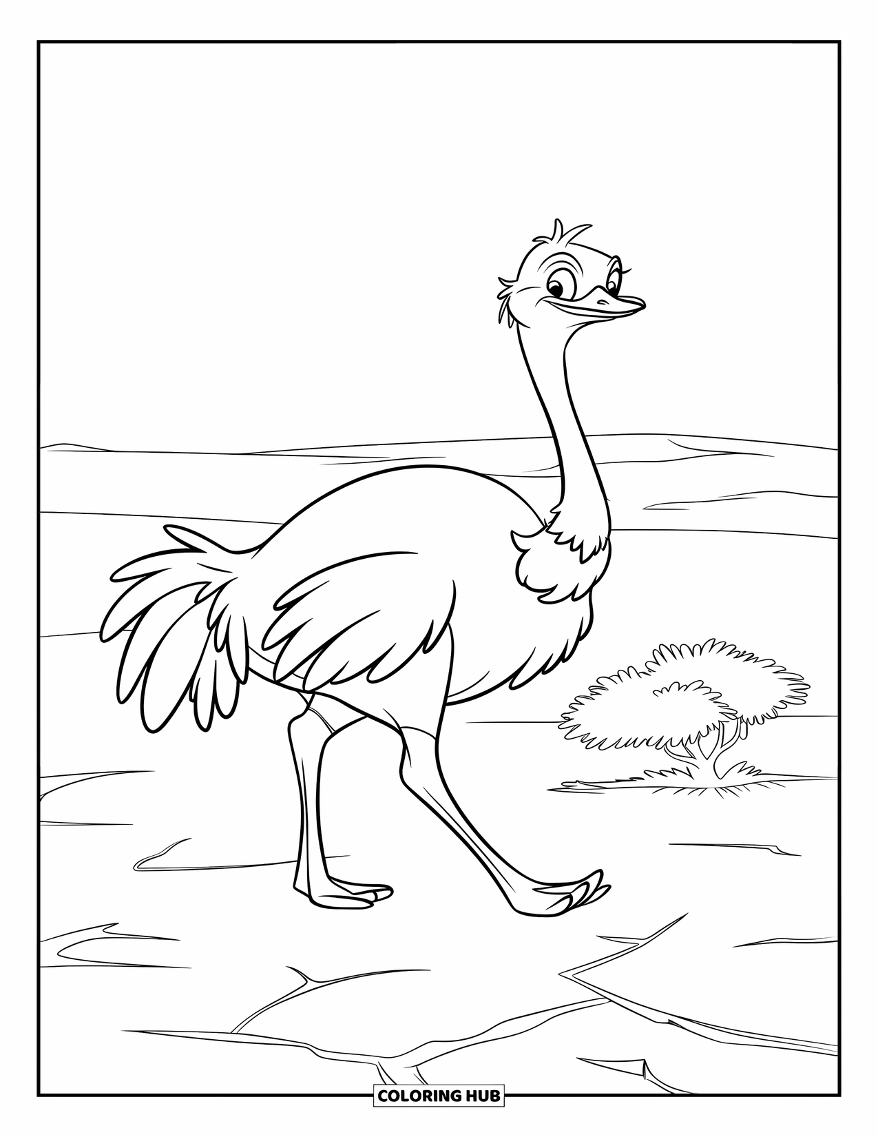 Safari Coloring Page for Kids: An ostrich walks near cracked earth and a lone bush in the open landscape