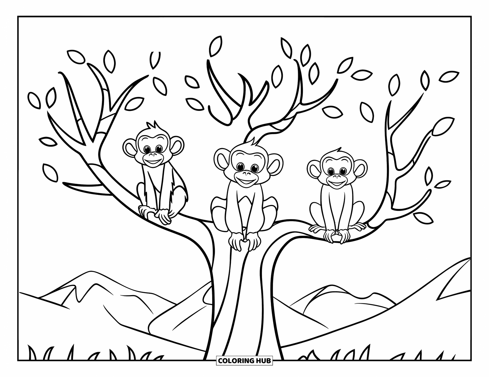 Safari Coloring Page for Kids: Monkeys perch on a tree branch with mountains behind them