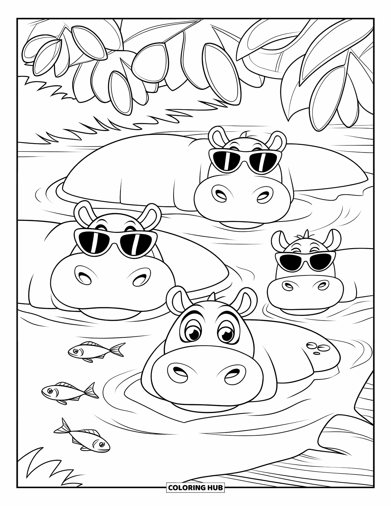 Safari Coloring Page for Kids: Sunglass-wearing hippos relax in a river with trees all around