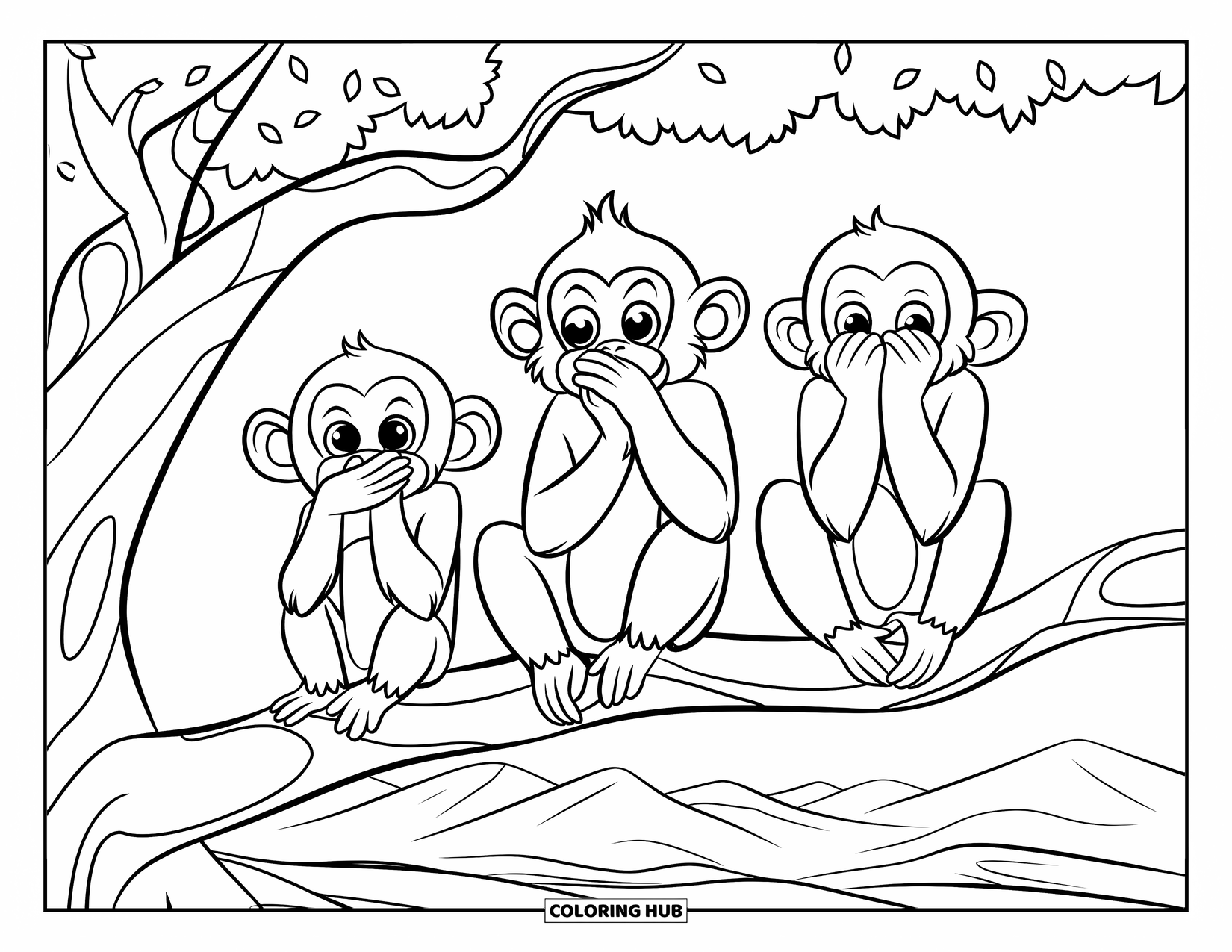 Safari Coloring Page for Kids: Three monkeys sit in a tree, covering eyes, ears, and mouth playfully