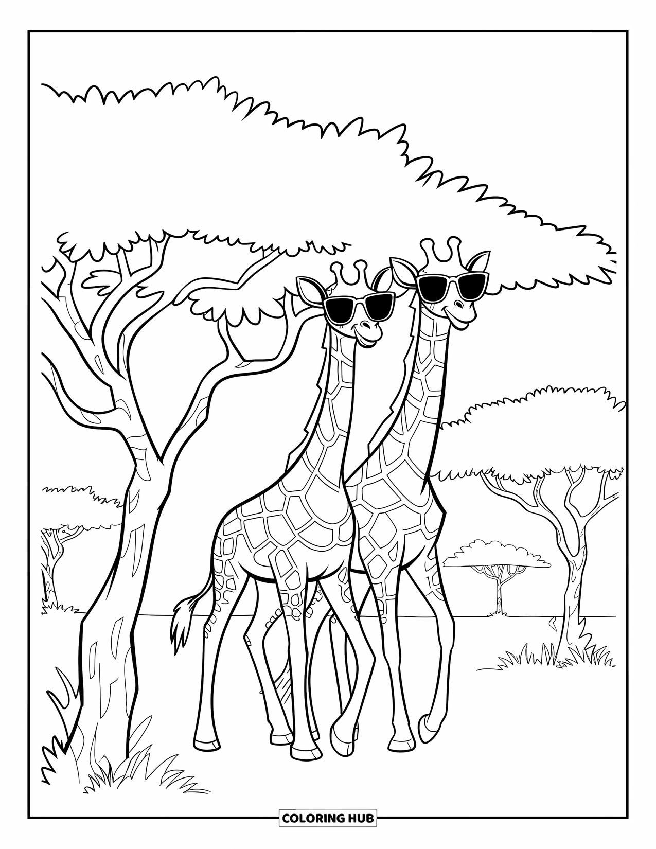 Safari Coloring Page for Kids: Two giraffes in sunglasses walk beneath textured acacia trees in the sun
