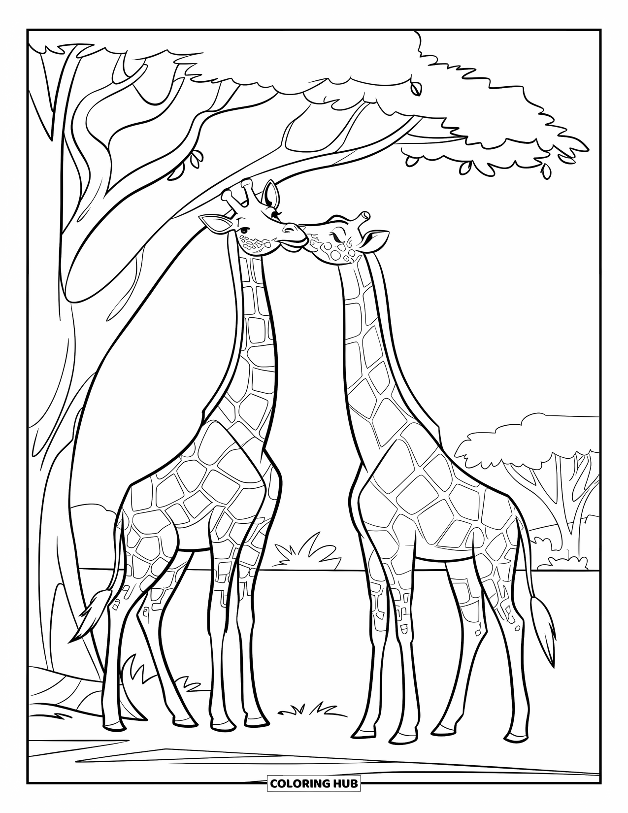 Safari Coloring Page for Kids: Two giraffes munch leaves from a tall tree in the savannah