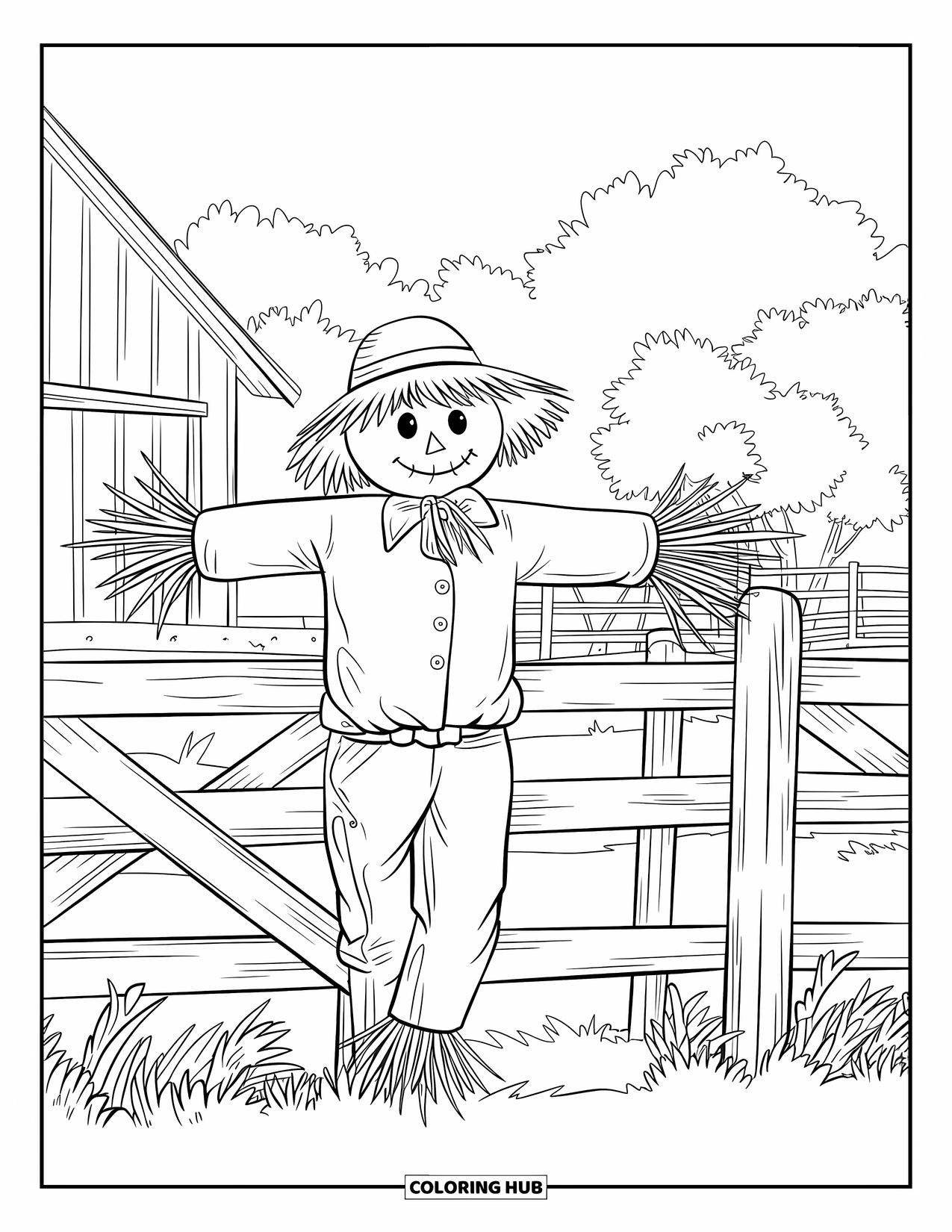 Scarecrow Coloring Page for Adults: A buttoned-up scarecrow stands near a gate and barn in a quiet field