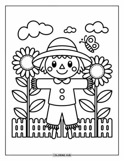 Coloriage d'épouvantail pour adultes : Un épouvantail joyeux se dresse entre deux tournesols, l'un avec un papillon curieux posé dessus
