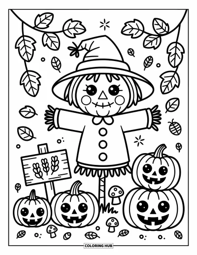 Coloriage d'épouvantail pour adultes : Un épouvantail joyeux se dresse dans un carré de citrouilles avec des jack-o'-lanterns et de petites touches forestières