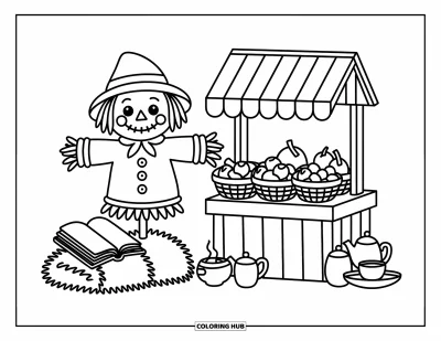 Coloriage d'épouvantail pour adultes : Un épouvantail douillet garde un petit étal de légumes avec un livre et un service à thé à proximité